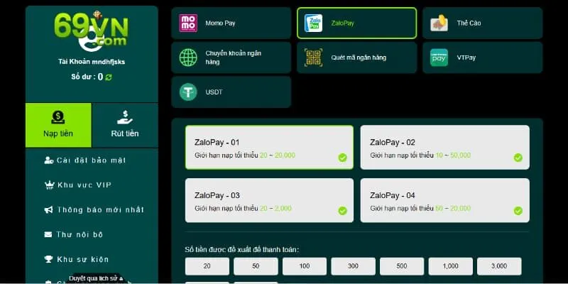 Các hình thức nạp tiền 69VN